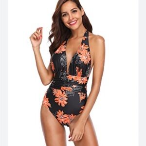 Marina Vida Floral One-Piece Swimsuit with Plunging Neckline sz S